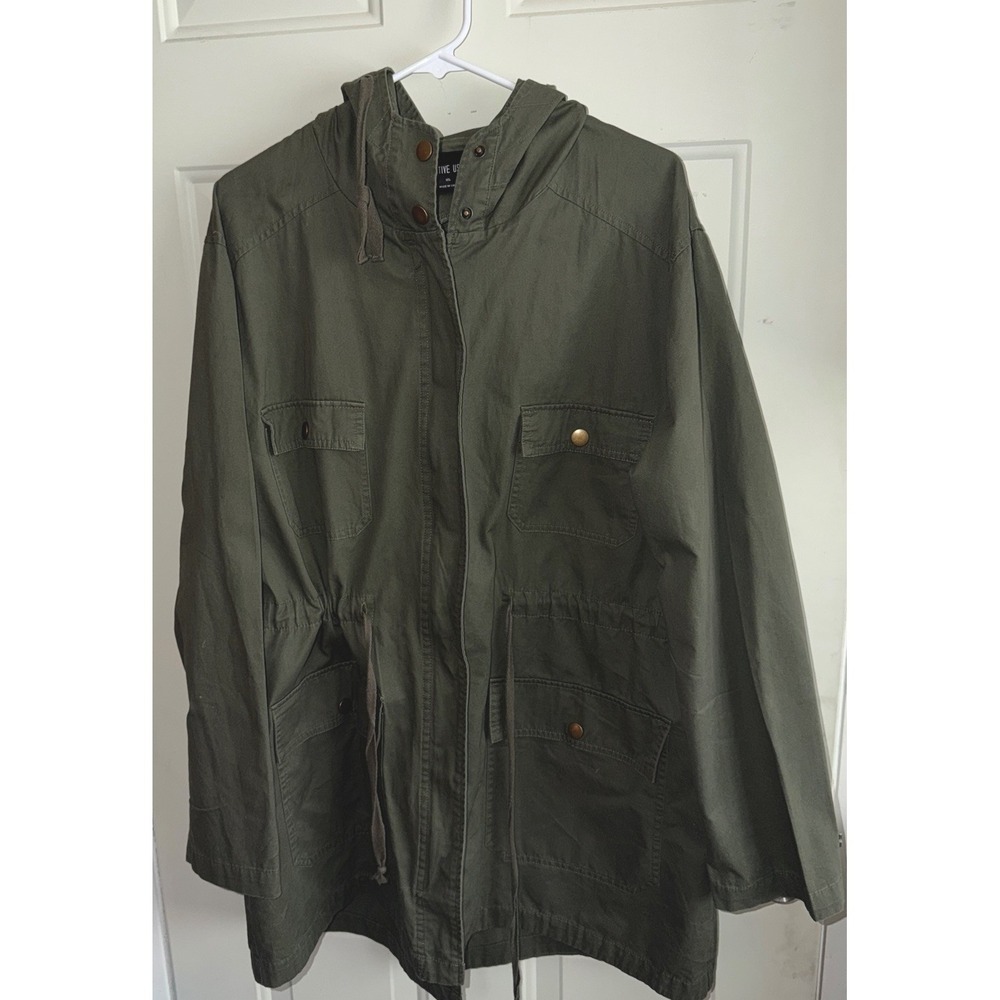 Active USA Womens Plus Size 1X Olive Green Hooded Utility Jacket‎ Full Zip Cargo
